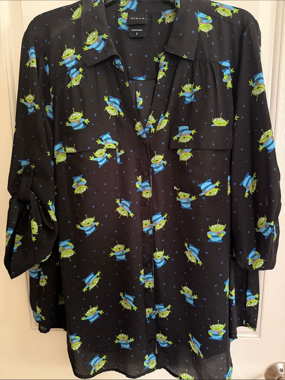 Pixar Toy Story Alien Print Button-Up Blouse - Black with Green & Blue